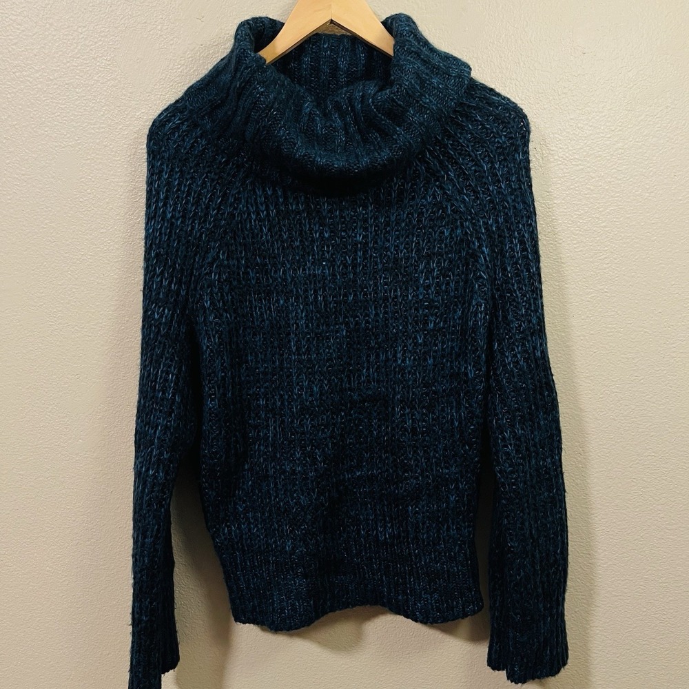 Olivia Sky Chunky Knit Cowl Turtle Neck Sweater Blue Black Dark Boho Cabin Sz L
